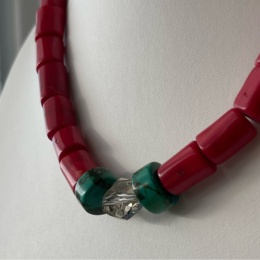 Bamboo Coral Dyed Red w/ 2 Turquoise Beads & Swarovski Crystal Focal Bead
